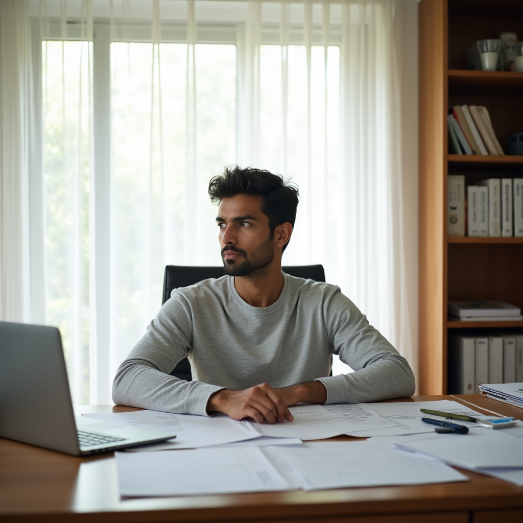 Person calmly reviewing financial documents at organized desk with natural light