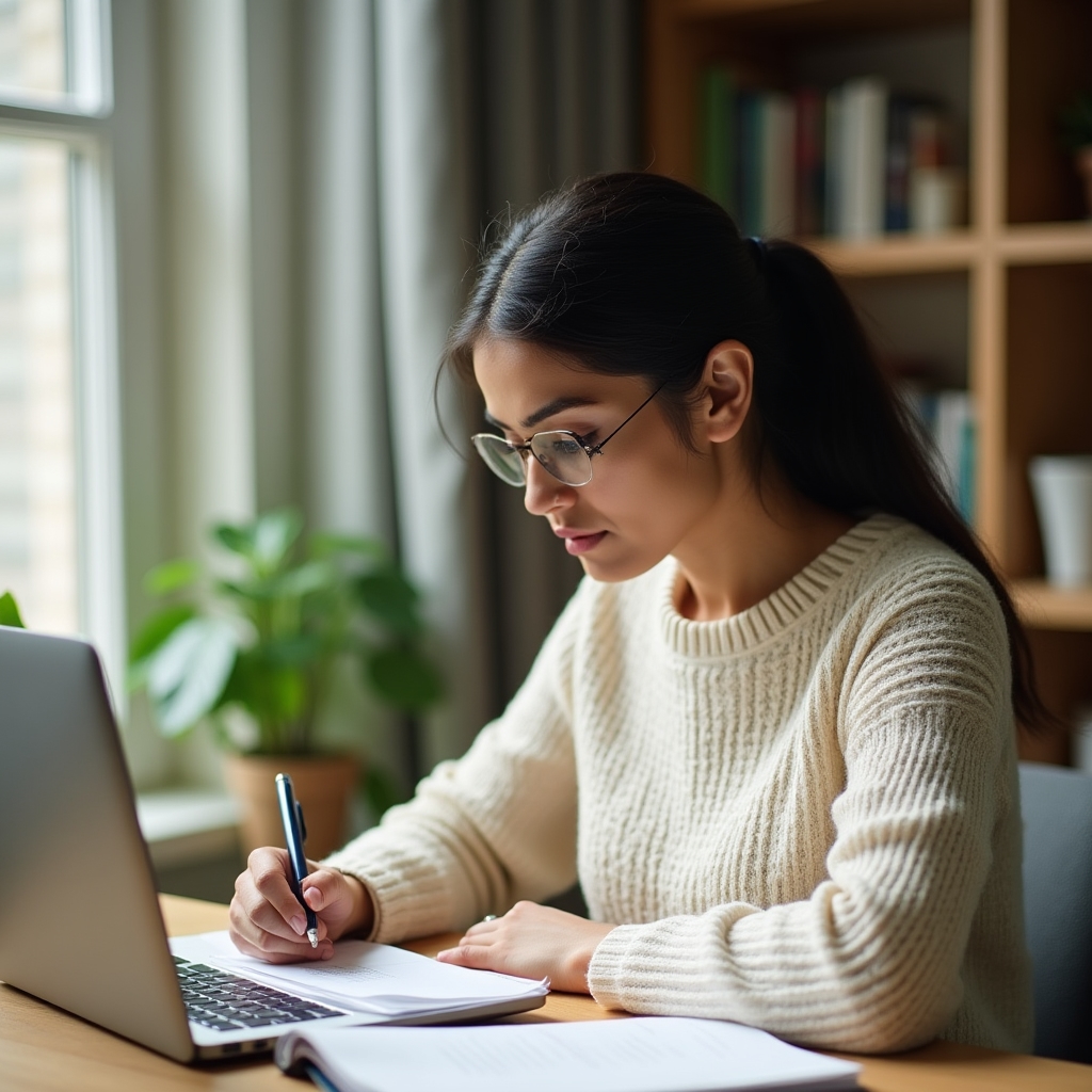 Person engaged in focused financial learning at home