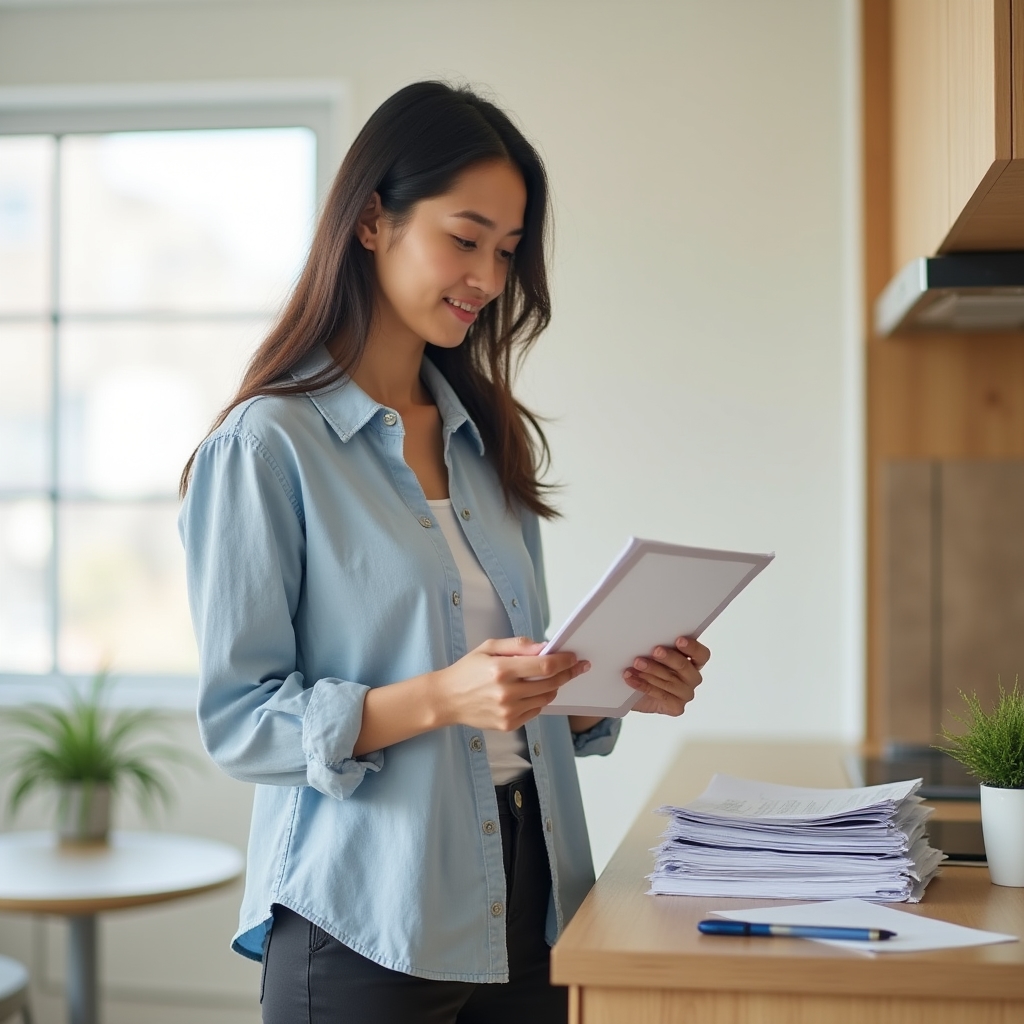 Person settling into new home environment reviewing financial documents